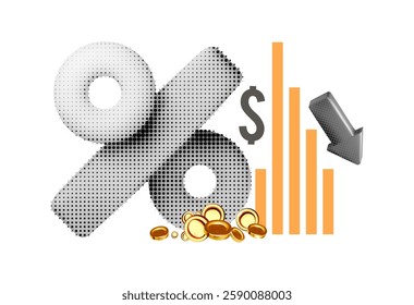 Price low down halftone 3D concept with percent icon. graph and down arrow. Interest low price, percent discount icon, reduction,arrow decrease