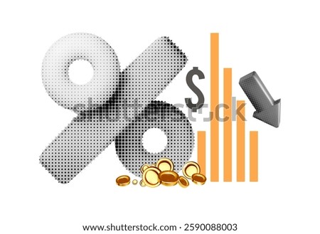 Price low down halftone 3D concept with percent icon. graph and down arrow. Interest low price, percent discount icon, reduction,arrow decrease
