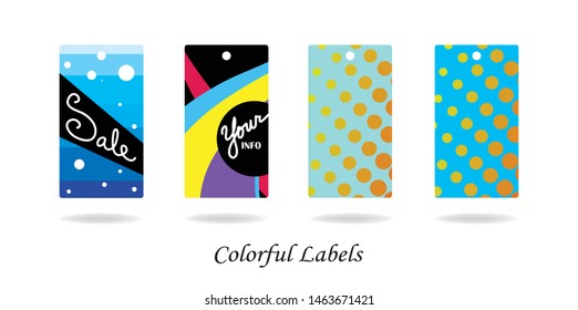 Price or merchandise tags or labels for sales or advertising designs, geometric abstract and retro style in bold colorful hang tags that are printable and editable vectors