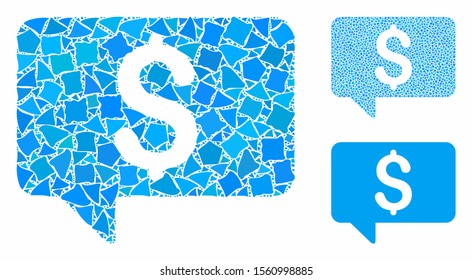 Price message composition of irregular parts in various sizes and color tones, based on price message icon. Vector tuberous parts are united into composition.