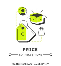 Price modern linear concept icon. Product cost, business strategy. Delivery, distribution. Market, commerce. Flat outline elements connected with dotted lines. Creative visual. Easy to edit