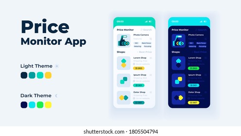 Lista de plantillas vectoriales de la interfaz de smartphone de la aplicación de monitoreo de precios. Diseño de modos de día y noche de la pantalla de la aplicación móvil. UI de comparación de precios para la aplicación. Pantalla telefónica con ilustraciones planas