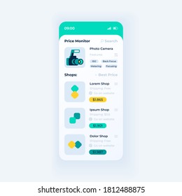 Price monitor app smartphone interface vector template. Mobile app page day mode design layout. Products on ecommerce websites on screen. Flat UI for application. Cost tracker phone display