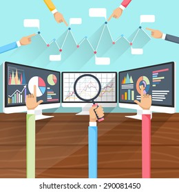 Price movement. Stock exchange rates on monitors with hands. Profit graph for diagram. Electronic stock numbers. Profit gain. Business stock exchange. Live online screen. Flat icon modern design