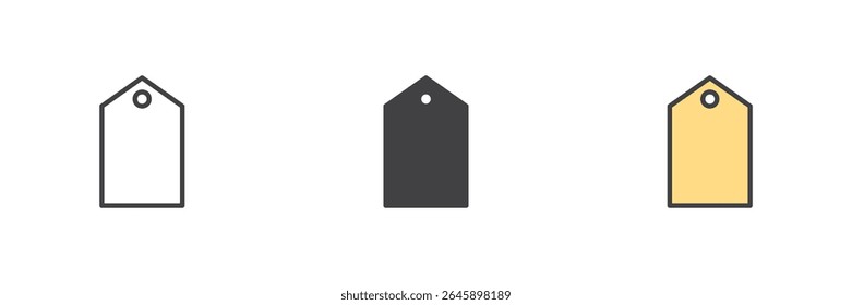 Price or name tag icon with hole detail in line, solid and filled outline style. Vector label symbol pack for tags, bookmarks or product labels.