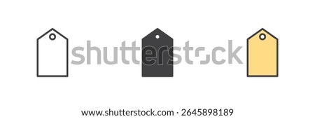 Price or name tag icon with hole detail in line, solid and filled outline style. Vector label symbol pack for tags, bookmarks or product labels.