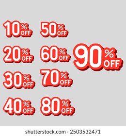 Price off and discount tag design elements,Sale tag set. 10,20,30,40,50,60,70,80,90 percent off. 