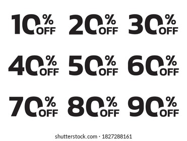 Price off label or badge set. Sale icons or tags with 10, 20, 30, 40, 50, 60, 70, 80, 90 percent discount. Vector illustration.