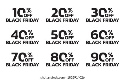 Price off label or badge set. Black Friday sale icons or tags with 10, 20, 30, 40, 50, 60, 70, 80, 90 percent discount. Vector illustration.