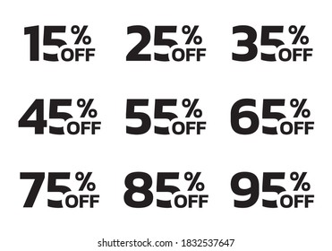 Price off label or badge set. Sale icons or tags with 15, 25, 35, 45, 55, 65, 75, 85, 95 percent discount. Vector illustration.