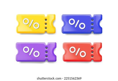 Price offer coupons set 3d. Discount vouchers. Sale tickets with percent sign . Special offers coupon sign Vector