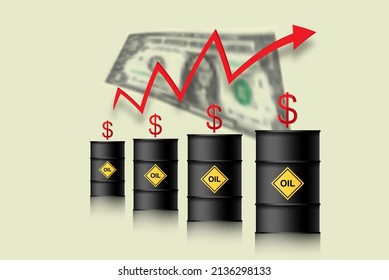 The price of oil is rising. Barrels of oil, dollar and infographics with a red up arrow. Rising crude oil prices concept, vector illustration isolated on white background