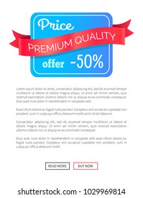 Price premium quality offer -50% off half discount poster with place for text and web buttons read more and buy now vector illustration promo banner