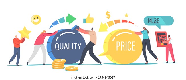 Price and Quality Balance Concept. Tiny Male Female Characters Turning Huge Switches. Customers Satisfaction with Product Cost and Worth. Shopping Offer for Buyers. Cartoon People Vector Illustration