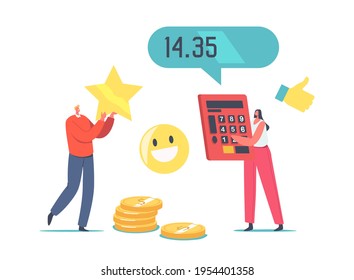 Price and Quality Balance. Tiny Characters Holding Huge Calculator and Gold Star. Customers Satisfaction with Product Cost and Worth. Shopping Offer for Buyers. Cartoon People Vector Illustration