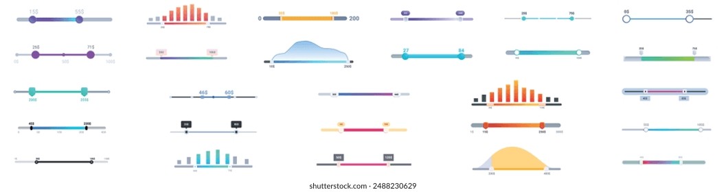 Preis-Bereich-Symbole festgelegt. Kollektion der farbigen Ladebalken mit Fortschrittsanzeige auf weißem Hintergrund