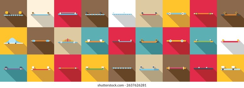  Price range icons set. Skateboard deck collection showcasing different shapes and colorful designs, ideal for sporting goods retailers or skateboarding enthusiasts