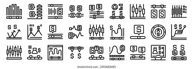 Price range icons set. Set of vector line icons representing various aspects of trading, stock market analysis, and financial planning