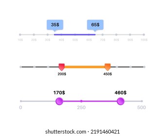 Price range scrollbar in web form, online application. Filter slider on website, 3D user interface elements. Template for internet page with discount navigation. Frontend control vector illustration