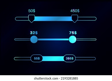 Price range scrollbar in web form, online application. Filter slider on website, flat user interface elements. Template for internet page with discount navigation. Frontend control vector