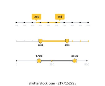 Price range scrollbar in web form, online application. Filter slider on website, flat user interface elements. Template for internet page with discount navigation. Frontend control vector illustration