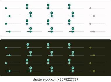 Price range scrollbar in web form, online application. Filter slider on website, flat user interface elements. Template for internet page with discount navigation. Frontend dark and Light UI