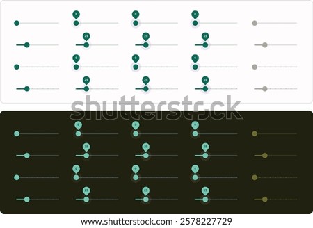 Price range scrollbar in web form, online application. Filter slider on website, flat user interface elements. Template for internet page with discount navigation. Frontend dark and Light UI