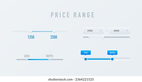 Schieberegler und Filter-Schnittstellenelemente im Preisbereich. Benutzeroberflächen-Scrollbars und Grafiken für das Design von Webseiten-Filter-Menüs. Moderne, horizontale Bildlaufleisten mit Schiebereglern und Farbindikatoren für Preiswerte