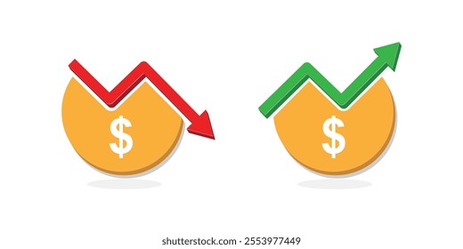 Price, rate, profit increase and decrease icon, coin sign with arrow up and down. 
