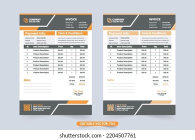 Plantilla de recepción de precios y factura de pago con tonos naranja. Un contrato de pago creativo y un vector de plantilla de factura. Diseño de facturas comerciales y cobros de efectivo con sección de precios de productos.