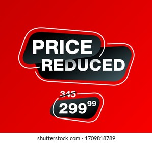 Price Reduced banner - creative decorated mesage on red background - crossed old price and the cheaper one - vector promo poster