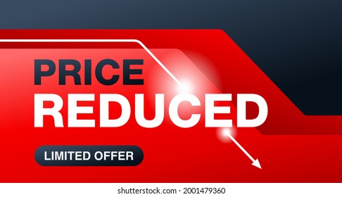 Price Reduced eye-catching message on red banner - creative decorated mesage on red background - crossed old price and the cheaper one - promo poster. Vector illustration