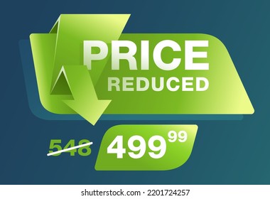 Price Reduced green banner for website or social network - creative decorated message on red background - crossed old price and cheaper one - promo poster