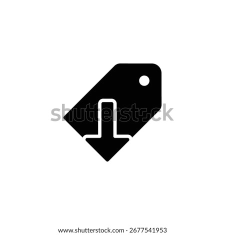 Price reduced icon. Simple glyph style. Price tag with down arrow, low, cheap, cost, discount, reduction, promo, clearance, business concept. Silhouette, solid symbol. Isolated design.