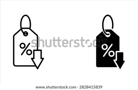 Price reduced line icon set. Price tag with down arrow, low, cheap, cost, discount, reduction, promo, clearance, business concept, for apps, web and digital design. Vector illustration, eps10.