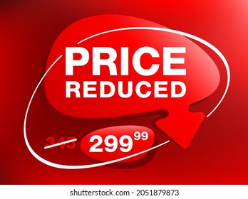 Price Reduced red catchy banner template for website or social network - creative decorated mesage on red background - strikethrough old price and the cheaper one - promo poster. Vector illustration