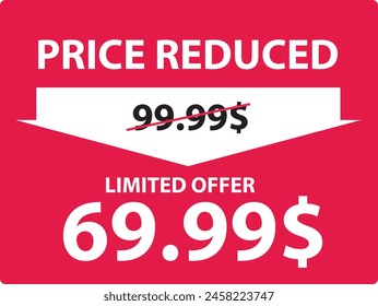 Price Reduced red eye-catching banner for website or social network - creative decorated message on red background - crossed old price and the cheaper one - promo poster. Vector illustration