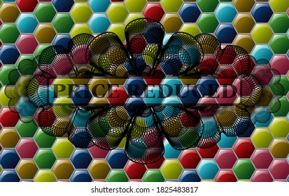Precio Menor texto dentro de la insignia de caramelo de color Guilloche. Antecedentes hexágonos elegantes. Ilustración vectorial. 