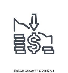 Reducción de precios con el icono de línea Dólar, Flecha abajo y Pila de monedas. Signo de esquema del vector de recesión financiera.