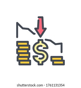 Preisreduktion mit Dollar, Pfeil nach unten und Stack of Coins Farbsymbol. Finanzielle Rezession, Vektorgrafik Umriss bunter Zeichen.
