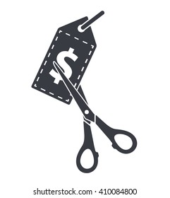 Price reduction icon concept. Scissors cutting price tag with dollar symbol