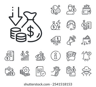 Signo de reducción de Precio. Dinero en efectivo, préstamos e iconos de esquema de hipoteca. Icono de línea de deflación. Símbolo de tasa reducida. Signo de línea de deflación. Tarjeta de crédito, icono de monedero cripto. Inflación, salario laboral. Vector