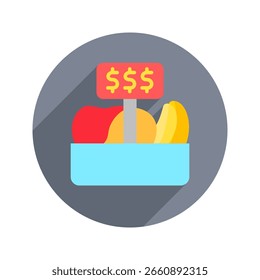 Preço arredondado cor plana, ícone mini ilustração. use para conceito moderno, impressão, UI, kit UX, web e desenvolvimento de aplicativos. Vetor relacionado com comércio, varejo, marketing e compras.