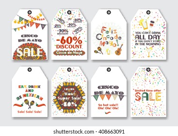 Price sale tags set for the Mexican holiday Cinco de Mayo. Vector illustration with traditional Mexican symbols, national elements - guitar, tequila, chili pepper, maracas,, cut out paper banners.