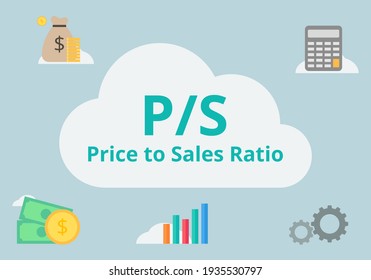 Price to Sales Ratio. Finance and investment concept. Multiples valuation method. Flat illustration on light blue background.