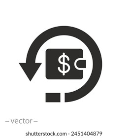 price save money icon, arrow cashback, refund cost, cash back wallet rebate, return coin pay, flat vector illustration