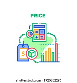 Concepto de icono del vector de venta de precios. Supervisión Del Mercado De Precios Y Cálculo En El Dispositivo Calculador, Tasa De Venta En La Tienda De Etiquetas Y Descuento. Información De Compra En La Ilustración De Color De La Etiqueta