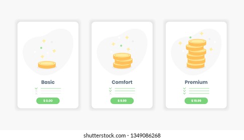 Price services, set tariffs plan for website.  Pricing table for services order with buttons, three options, ui interface for the site. Flat outline vector on white.