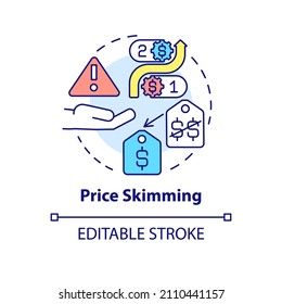 Price skimming concept icon. Pricing optimization abstract idea thin line illustration. Bringing product to market. Isolated outline drawing. Editable stroke. Roboto-Medium, Myriad Pro-Bold fonts used