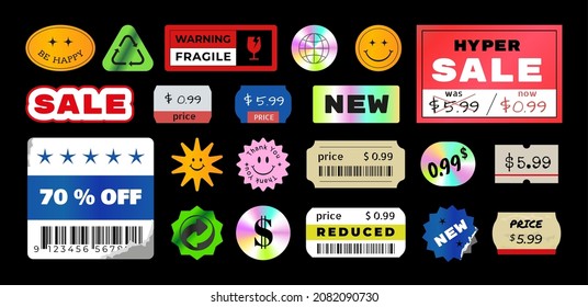 Price sticker. Doodle vintage holographic pricing tags and package labels with torn edges. Sale signs. Square and round mockups of text promotional badges. Vector merchandise icons set